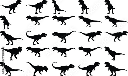 Group of black Tyrannosaurus Rex dinosaur silhouettes showcasing diverse actions and stances on a clean white backdrop.