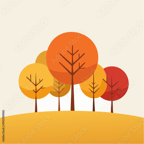 Vibrant autumn landscape with stylized trees in warm fall colors, depicting a serene seasonal scene with minimalist design