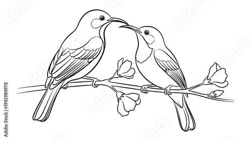 Lovebirds Serenade: Two lovebirds sit perched on a flowering branch, their beaks intertwined in a tender embrace, creating a scene of love and tranquility.