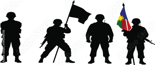 Set of Four Detailed Military Soldier Silhouettes in Tactical Combat and Patriotic Poses Including Standing Kneeling Aiming Rifles and Carrying Flags for Armed Forces Memorial Day National Pride an