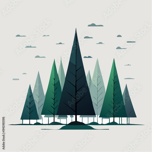 Minimalist Evergreen Forest Illustration with a Cool Color Palette