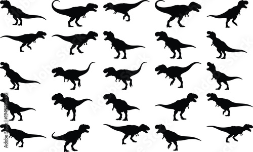 Multiple black silhouettes of Tyrannosaurus Rex dinosaurs depicted in different dynamic poses and movements on white.