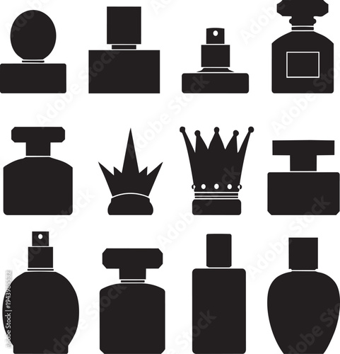 Vector illustration of a professional cosmetic product bottle set with reflections including business icons for home and office equipment