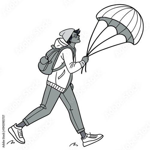 Adventurer holds parachute preparing for.