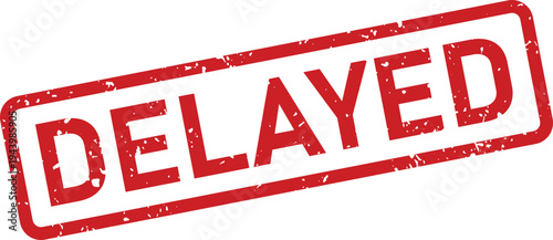 Red rubber stamp with a vintage grunge effect showing the word DELAYED on a white surface