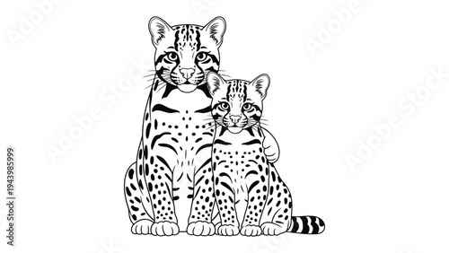 Elegant Mother and Child in the Wild: A captivating sketch depicts a tender moment as a mother and her child, each adorned with distinctive spotted coats, sit close.