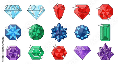 Collection of sparkling faceted gemstones in various cuts and colors