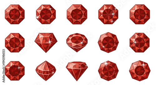 Collection of Red Gemstones, Ruby Crystals, Precious Jewels, Sparkling Faceted Gems