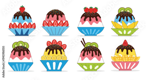 Colorful Desserts Collection: Shaved Ice, Ice Cream, and Fruit Toppings