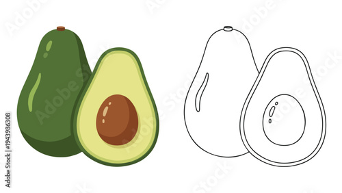 Illustration of a green avocado and a halved avocado with a brown pit alongside a line drawing of two avocados on a white background.