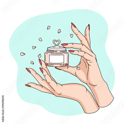 Female hands holding cosmetic cream jar beauty skincare illustration