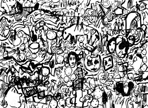 Hand-drawn monochrome line drawing of people, animals, and various shapes densely packed to fill the frame, drawn with sumi ink