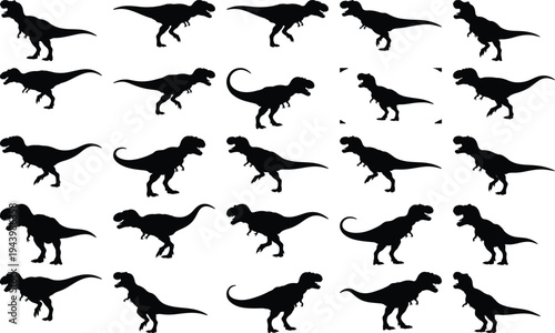 Seamless pattern of black Tyrannosaurus Rex dinosaur silhouettes in dynamic poses, evoking a sense of ancient power and prehistoric wilderness.