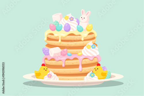 Easter Pancakes Stack with Cute Chicks and Bunny Illustration