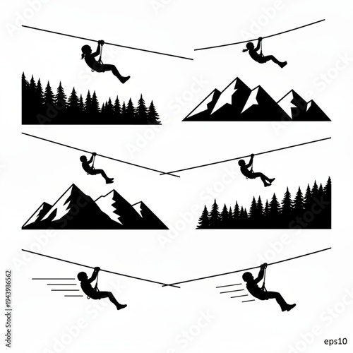 Zip Line Adventure Silhouettes Outdoor Activity Vector Icon Set
