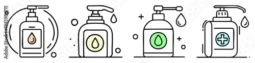 Hand sanitizer bottles with different colored labels and drops