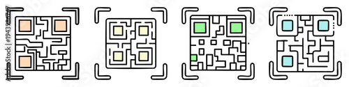 Four maze patterns with colored squares are illustrated side by side