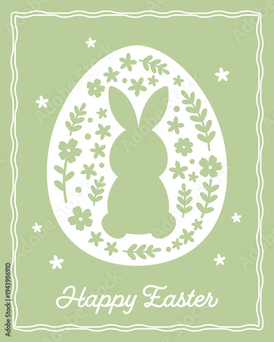 Easter bunny and egg-shaped greeting card with elegant floral pattern.
Pastel Holiday Easter Rabbit and Floral Egg Silhouette vector illustration.
 SVG.