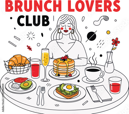 A woman enjoying a delicious brunch with pancakes, eggs, and coffee at a trendy restaurant.