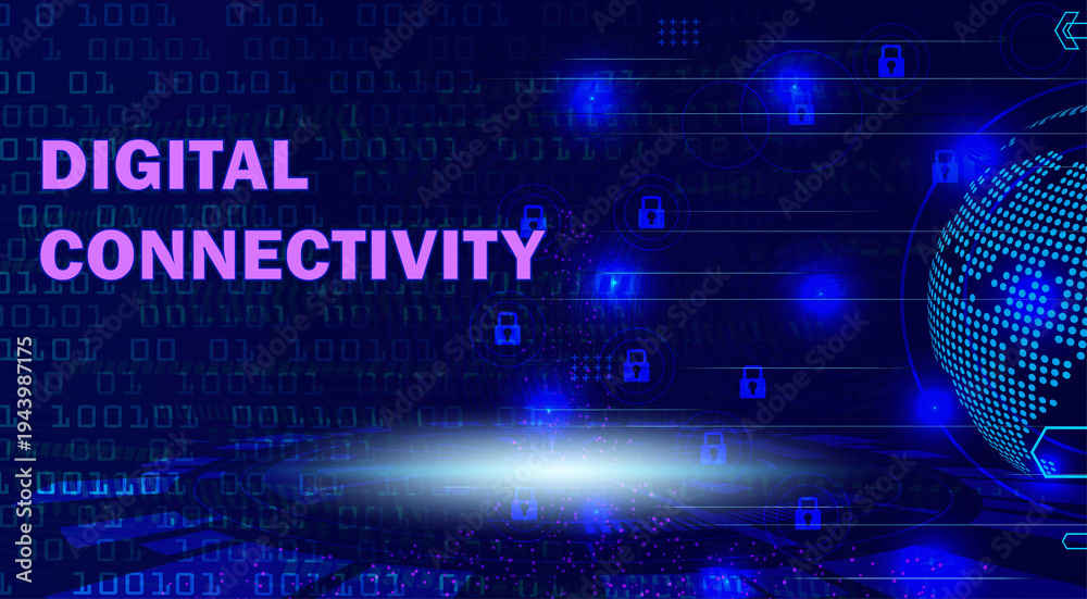 Fototapeta premium Digital Connectivity concept banner with glowing purple text, binary code, abstract blue globe, and network security lock icons on a dark blue background