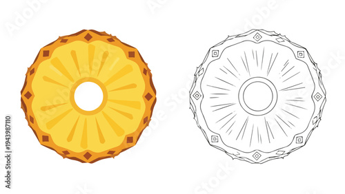 Colorful graphic illustration of two stylized sunburst designs, one in vibrant orange and the other in black and white line art, on a clean white background.