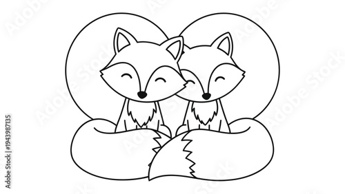 Lovely Fox Duo: Two charming foxes snuggle together in an endearing embrace, creating a heart-shaped silhouette with their fluffy tails.