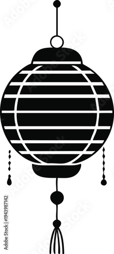 Black and White Asian Lantern Hanging with Tassels and Beads Isolated