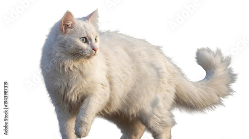 Obraz na płótnie full-body studio photograph of a fluffy white turkish angora cat with striking blue eyes, standing alert and looking to the left