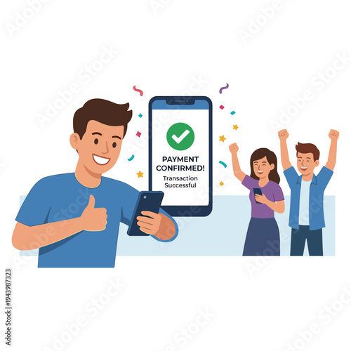 Man shows phone with payment confirmed to two celebrating people