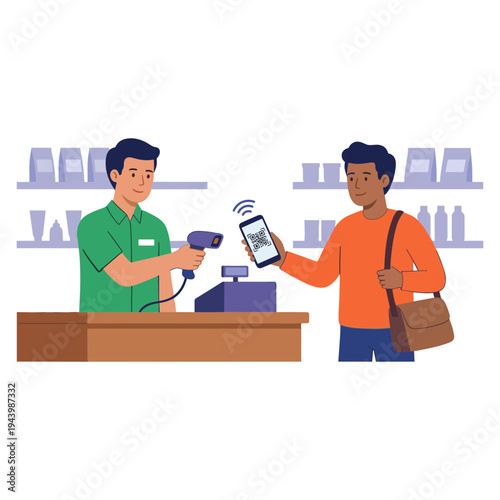 Man uses phone to pay for goods at store checkout counter with clerk