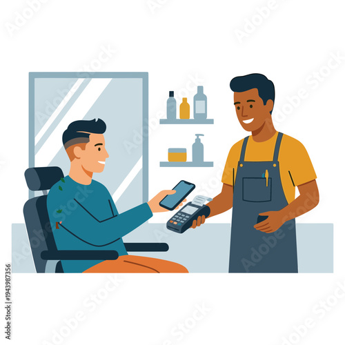 Man making payment to barber in salon chair with terminal