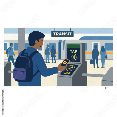 Man using transit card on tap machine at train station platform with people in background