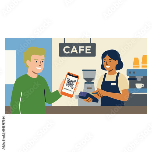 Man pays woman at cafe counter with phone QR code