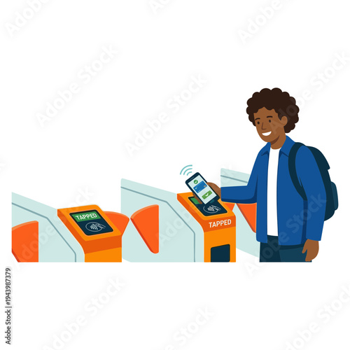 Young man uses smartphone to tap on an orange ticket machine.