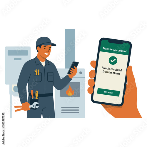 A technician successfully completes a payment transaction on his phone while standing in front of a boiler in a workshop environment.