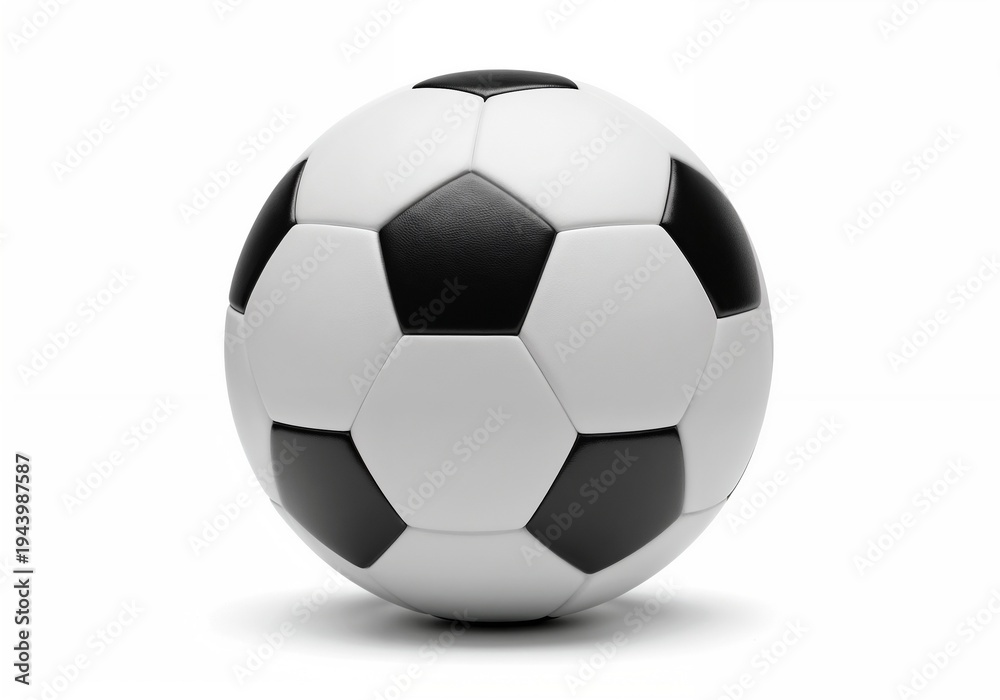Fototapeta premium Classic black and white soccer ball isolated on white background. Traditional black and white soccer ball displayed on a plain white background, emphasizing its classic appearance 