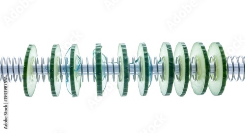 Crisp green cucumber slices meticulously arranged on a metallic spindle, showcasing fresh hydration