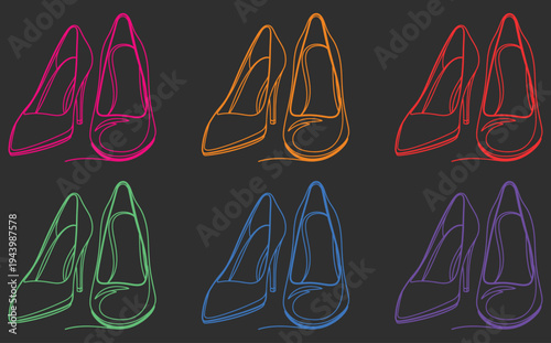 A colorful illustration of multiple pairs of women's shoes in different colors