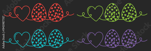 A colorful Easter-themed illustration featuring eggs and hearts in red, green, blue, and purple hues on a dark background.