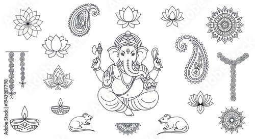 Ganesha with Lotus Flowers, Paisley, and Rats: Indian Deity Line Art Collection