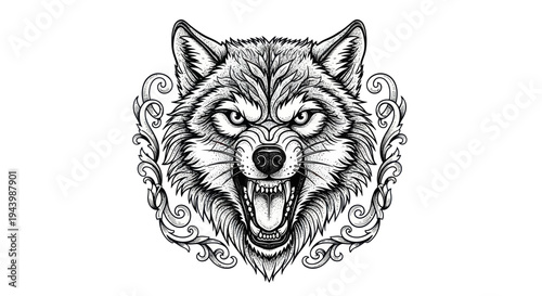 Fierce wolf head illustration with ornate scrollwork, wild animal portrait sketch