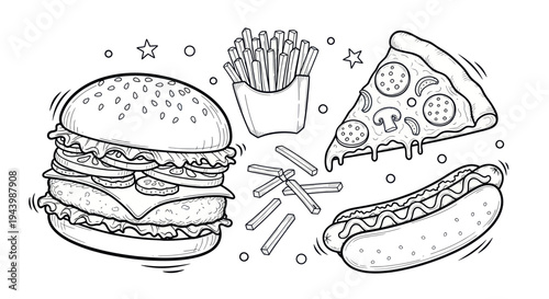 Fast Food Collection: Burger, Pizza, Hot Dog & Fries - Hand Drawn Line Art