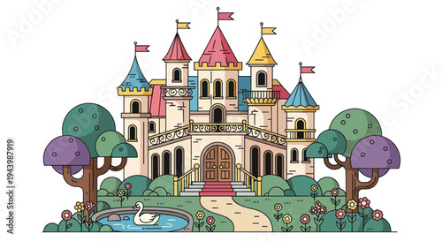 Fairytale Castle with Swan Pond and Garden, Fantasy Kingdom Illustration
