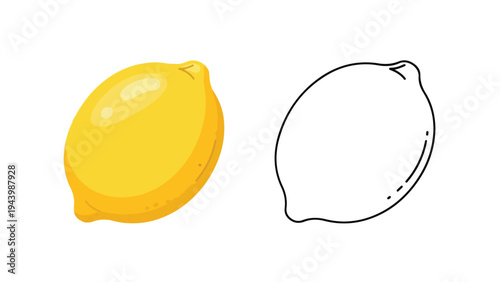 Illustration of a yellow lemon and a line drawing of a lemon on a white background.