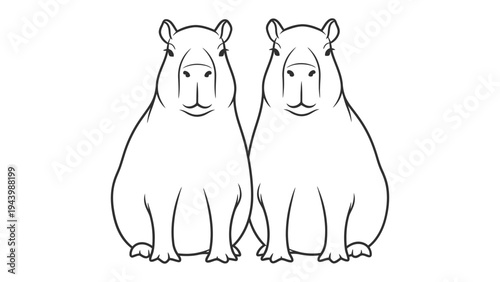 Two Capybaras: Depicting two capybaras, these gentle giants sit side by side, showcasing their distinctive features in a simple, yet elegant manner.