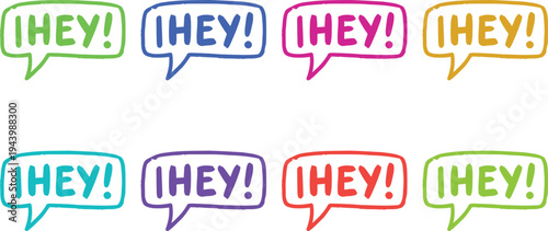 A colorful illustration of speech bubbles with the phrase 'IHEY!' in various bright hues and fonts.