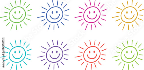 A colorful illustration of smiling suns in various vibrant hues and styles.
