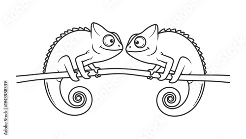 Chameleon Lovers on a Branch: Two chameleons, perched on a branch, gaze at each other with affection, their unique features and the branch create a unique design.  