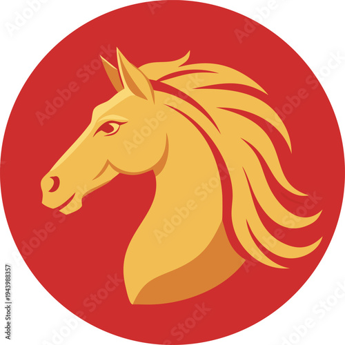 Golden Horse Head Silhouette on Red Circle Background Emblematic Design Stock Illustration