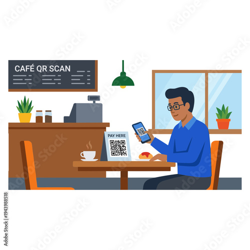 Man sits at a cafe table, scanning a QR code on his phone.